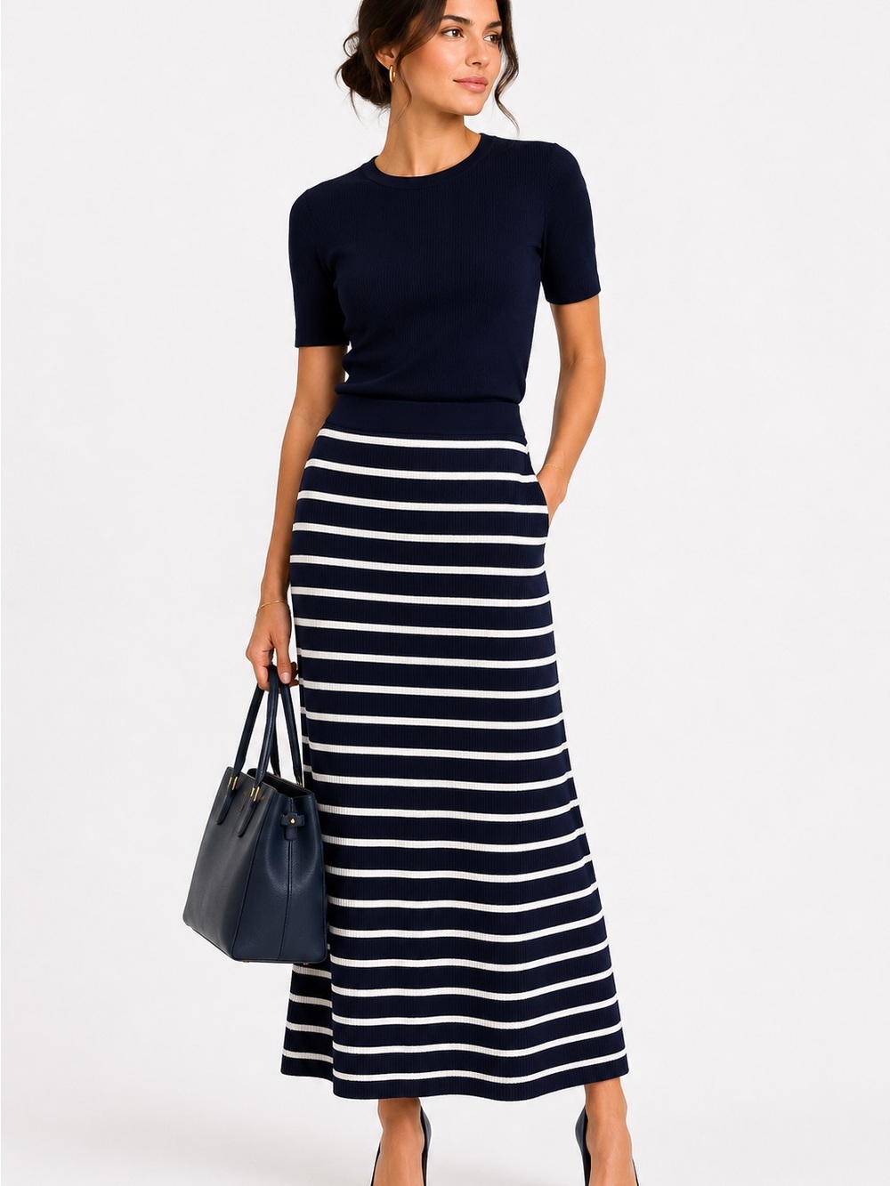 LOFT Navy and White Striped Sweater Knit Maxi Skirt